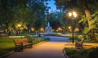 Fototapeta premium Nighttime Park Scene with Bench Fountain and Streetlights