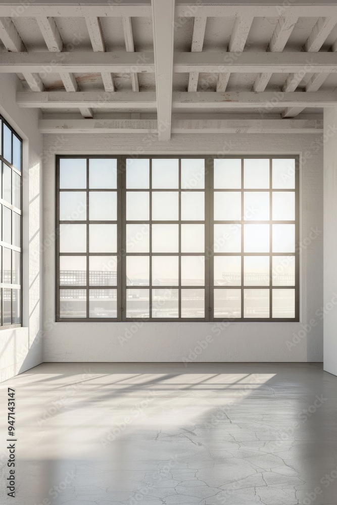 Aufkleber empty room with large windows offering a view of the city below
