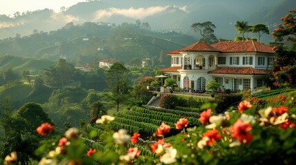White Villa on a Lush Green Mountainside with Blooming Roses