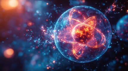 Obraz premium Fusion and fission processes within the atomic nucleus, visualizing energy interaction