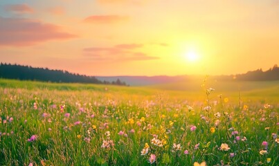 Sunset Over Field of Wildflowers