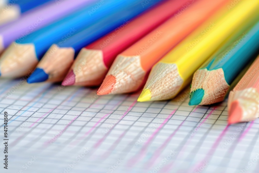 Poster a row of colorful pencils placed on a blank paper