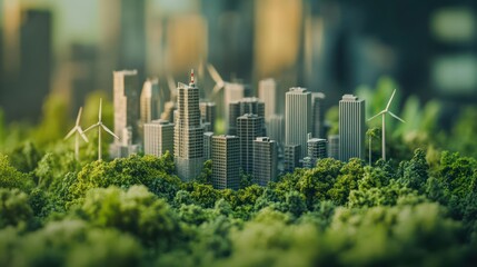 miniature city with wind turbines set on table, ecology concept