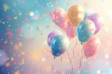 A Festive Display of Joy: Pastel Balloons Surrounded by Golden Confetti, Creating a Dreamy and Celebratory Atmosphere for Birthday Parties and Special Events