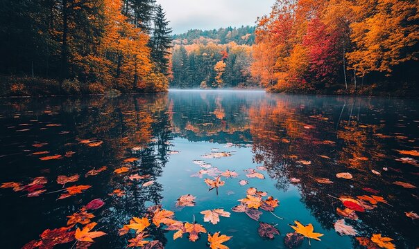 Autumn Leaves Floating in Calm Lake Water with Forest Reflection