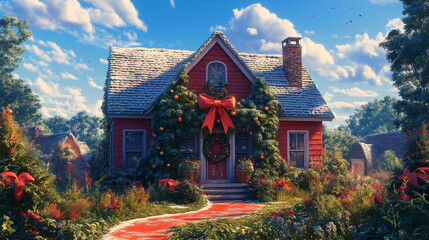 Obraz premium house as a gift with large ribbon bow, festive atmosphere, vibrant colors
