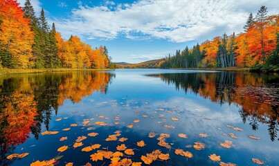 Fototapeta premium Autumn Leaves Floating on Calm Lake Water with Fall Foliage Reflections