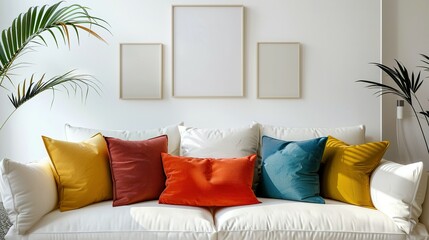 White Sofa with Colorful Pillows and Blank Frames in Minimalist Interior