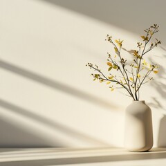 Minimalist Interior with Sunlit Vase of Leaves, Tranquil Background for Lifestyle or Home Decor