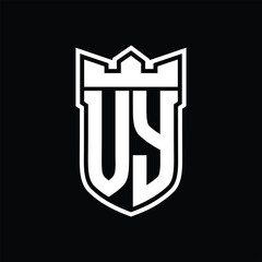 VY Logo shield shape with geometric crown inside white outline on black background template design