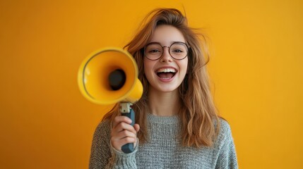 Young happy teen woman shout story or making announcement