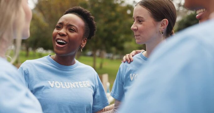 Group, volunteer and circle in park for charity, discussion and happy with diversity, teamwork and collaboration. People, outdoor and solidarity in scrum for motivation, planning and call to action