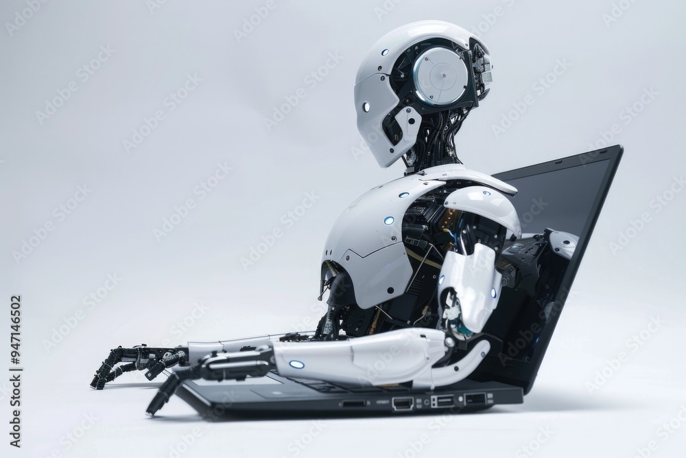 Poster A robot sitting on top of a laptop computer, perfect for tech-related concepts or futuristic scenes
