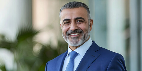 Headshot of a smiling middle-eastern man in a blue suit and tie, generative AI