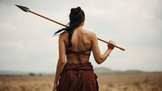 Back view of prehistoric woman with spear on hunt. Generative AI
