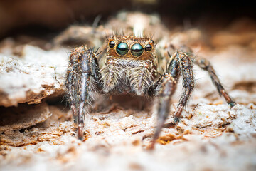 A Jumping spider on tree bark.