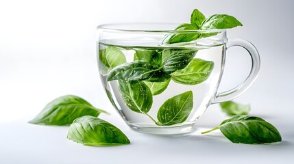 Obraz premium Fresh Basil Leaves in Glass of Water, Minimalist