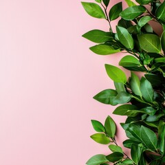 Obraz premium Minimalist Green Leaves Against a Soft Pink Background, Ideal for Nature or Botanical-Themed Designs and Content