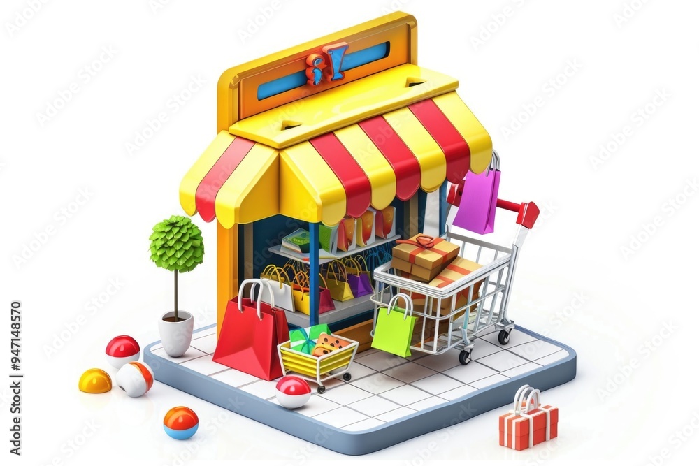 Poster a small toy store with a shopping cart filled with toys and games