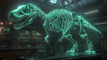 A glowing holographic dinosaur skeleton displayed in a science lab, showcasing intricate bone structures and vibrant colors.