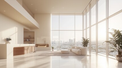 Sleek minimalist workspace featuring large glass walls, metal accents, and a neutral color palette, creating an open and airy environment
