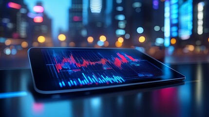 Obraz premium Stock Market Data on Tablet with City Lights Background