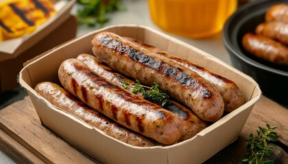 Sausages grill on paper bowl craft disposable restaurant in white table