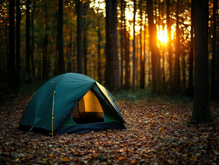 A serene camping scene featuring a green tent nestled in a forest, surrounded by autumn foliage, as the sun sets, casting a warm golden glow.