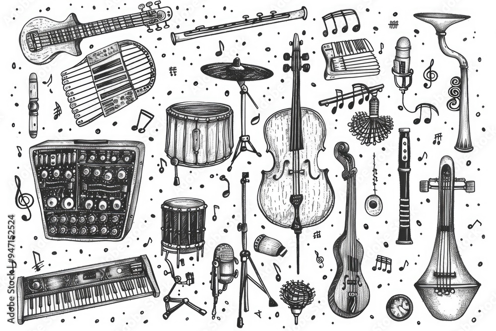 Poster Collection of various musical instruments on table