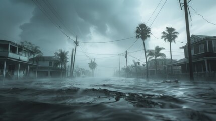 A flooded street with palm trees in the background