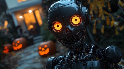 Halloween Robot with Glowing Eyes and Jack o  Lanterns