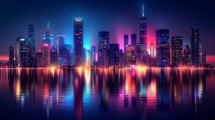 Fototapeta premium Night Cityscape with Water Reflection and Neon Lights