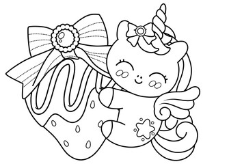 A cute unicorn hugs a strawberry coloring pages 