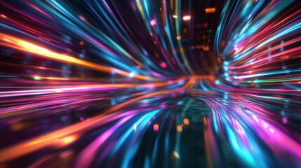 Reflections of multicolored light trails on a glassy surface, forming an abstract, futuristic landscape with vivid hues