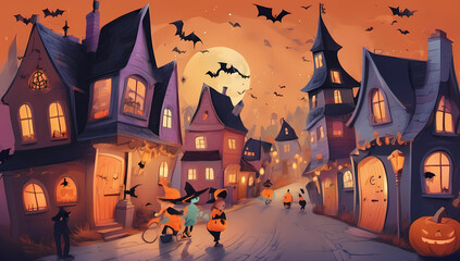 whimsical cartoon Halloween spooky village trick or treat