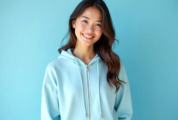 Smiling woman wearing hoodie on light colored background.