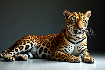 Naklejka premium Leopard lying down with spotted fur, looking directly at the viewer.