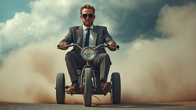 Funny businessman outside on a vintage tricycle