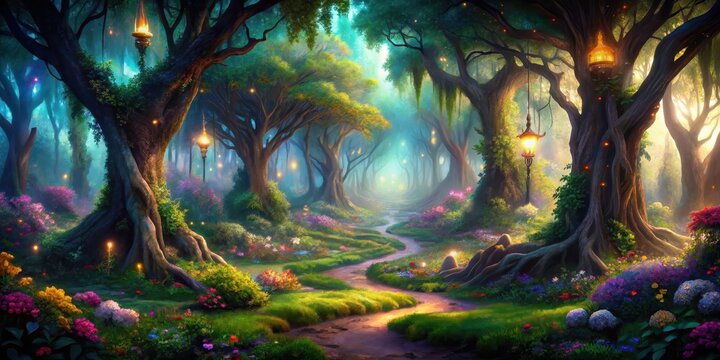 Enchanting image of a magical forest in Neverland, fairytale, fantasy, whimsical, mystical, dreamlike, enchanting