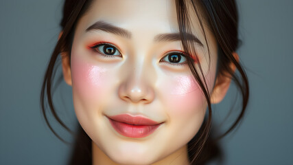 Fototapeta premium Beautiful young Asian woman with glowing skin and pink shimmering makeup. Generative AI