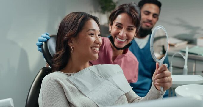 Nurse, patient and mirror at dentist appointment in checkup or procedure in hospital or oral care clinic. Happy people, done and smile with dental hygienist for teeth cleaning or root canal treatment