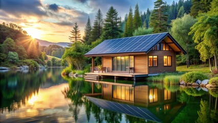Obraz premium Serene lakeside cabin powered by solar energy, surrounded by lush greenery and peaceful water , solar energy