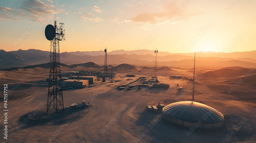 Poster aerial view of desert military base with advanced radar and communication towers