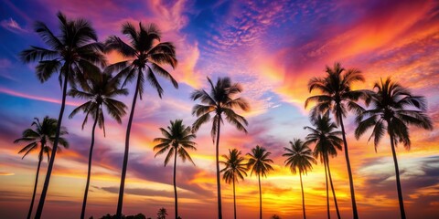 Palm trees silhouette against a colorful dusk sky, creating a vibrant summer landscape, palms, trees, silhouette, colorful, dusk