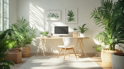 Bright and modern home office with greenery, featuring a wooden desk, computer, and stylish decor for a refreshing work environment.