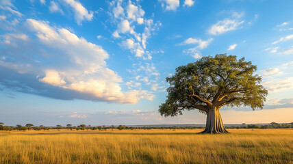 広大なサバンナに立つ巨大なバオバブ