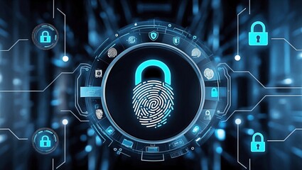 Fingerprint interface with AI in futuristic display for security.