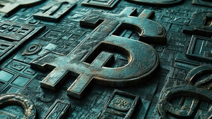 Close-up of a Bitcoin symbol carved in stone, symbolizing digital currency and the evolution of finance in modern society.