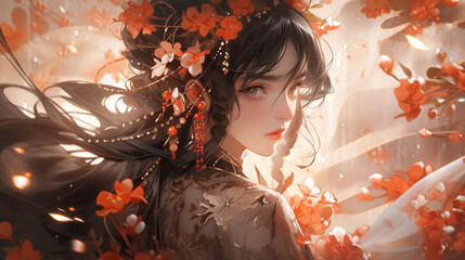Hand-drawn anime illustration of beautiful Chinese costume girl

