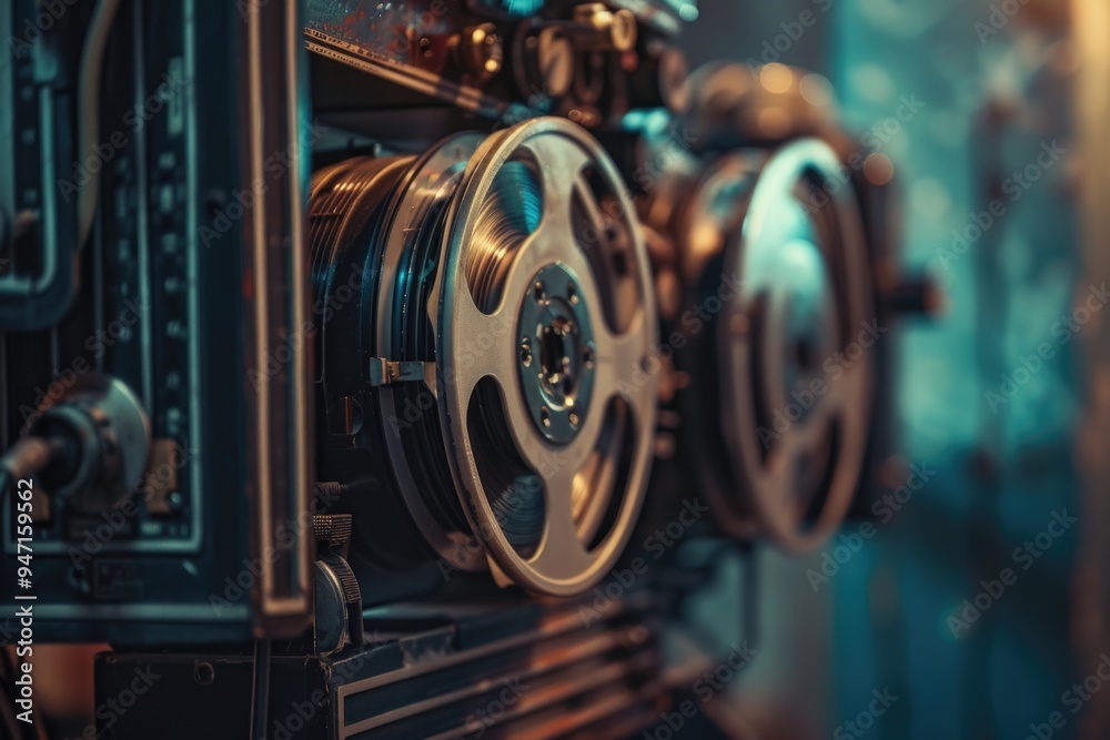 Poster a close-up shot of a movie projector on a wall, ready for use